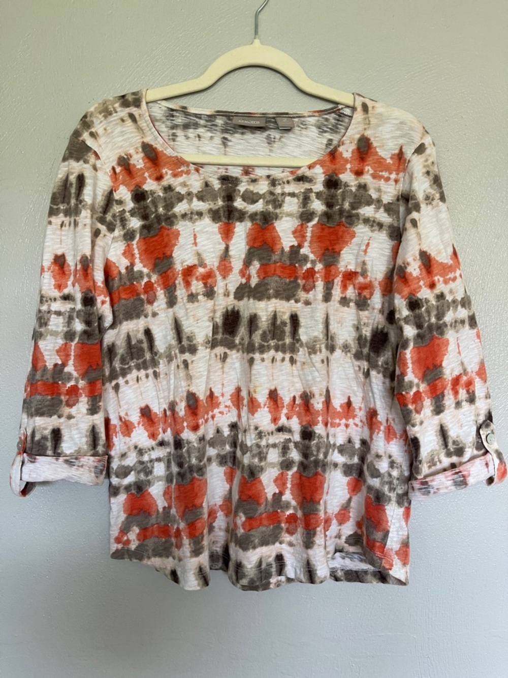 Chico’s Abstract Print Roll Tab Sleeve Cotton Watercolor Top Size 2 Boho Tunic